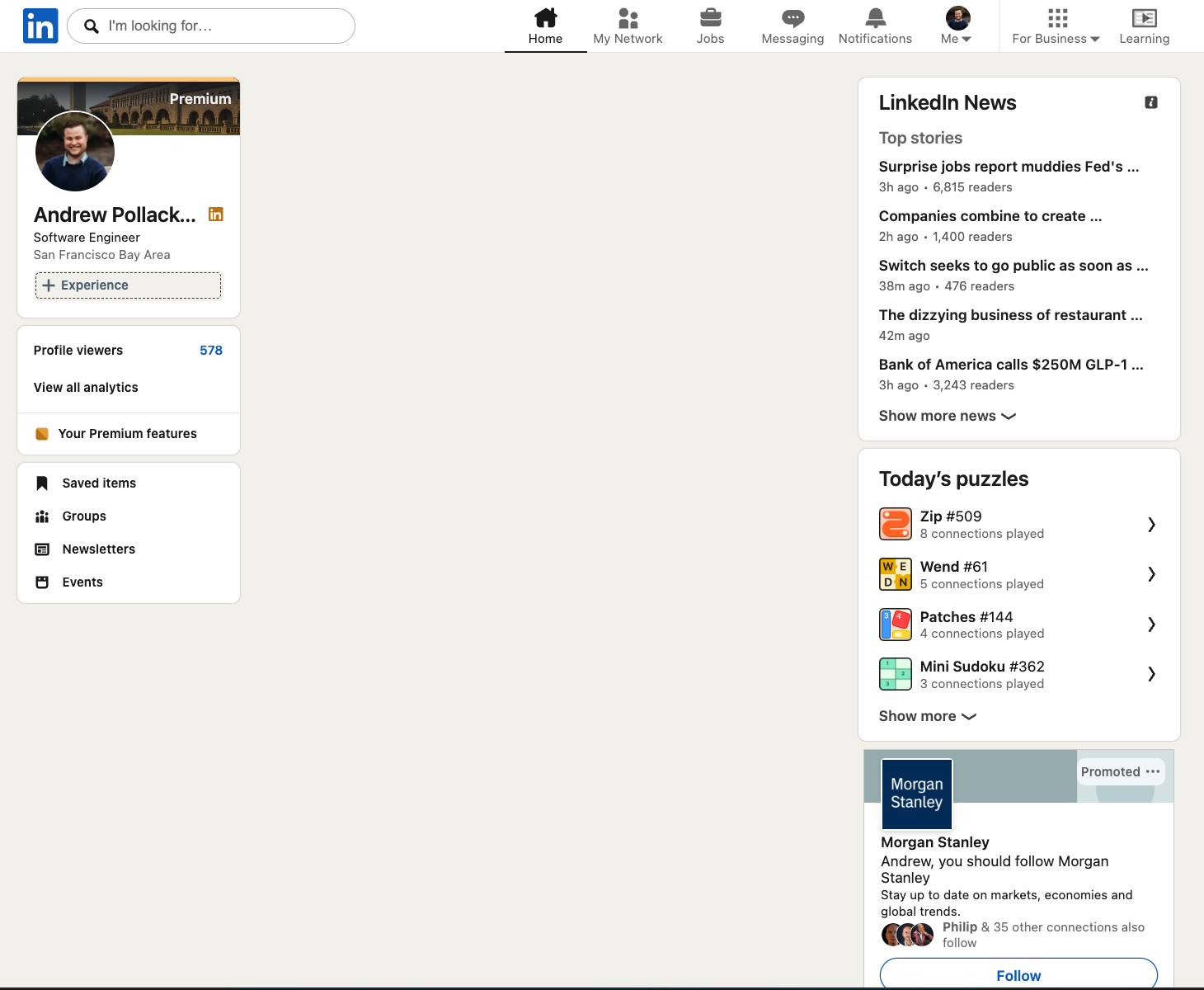 LinkedIn homepage with the main feed removed. The profile sidebar and news sidebar remain, but the center column is empty