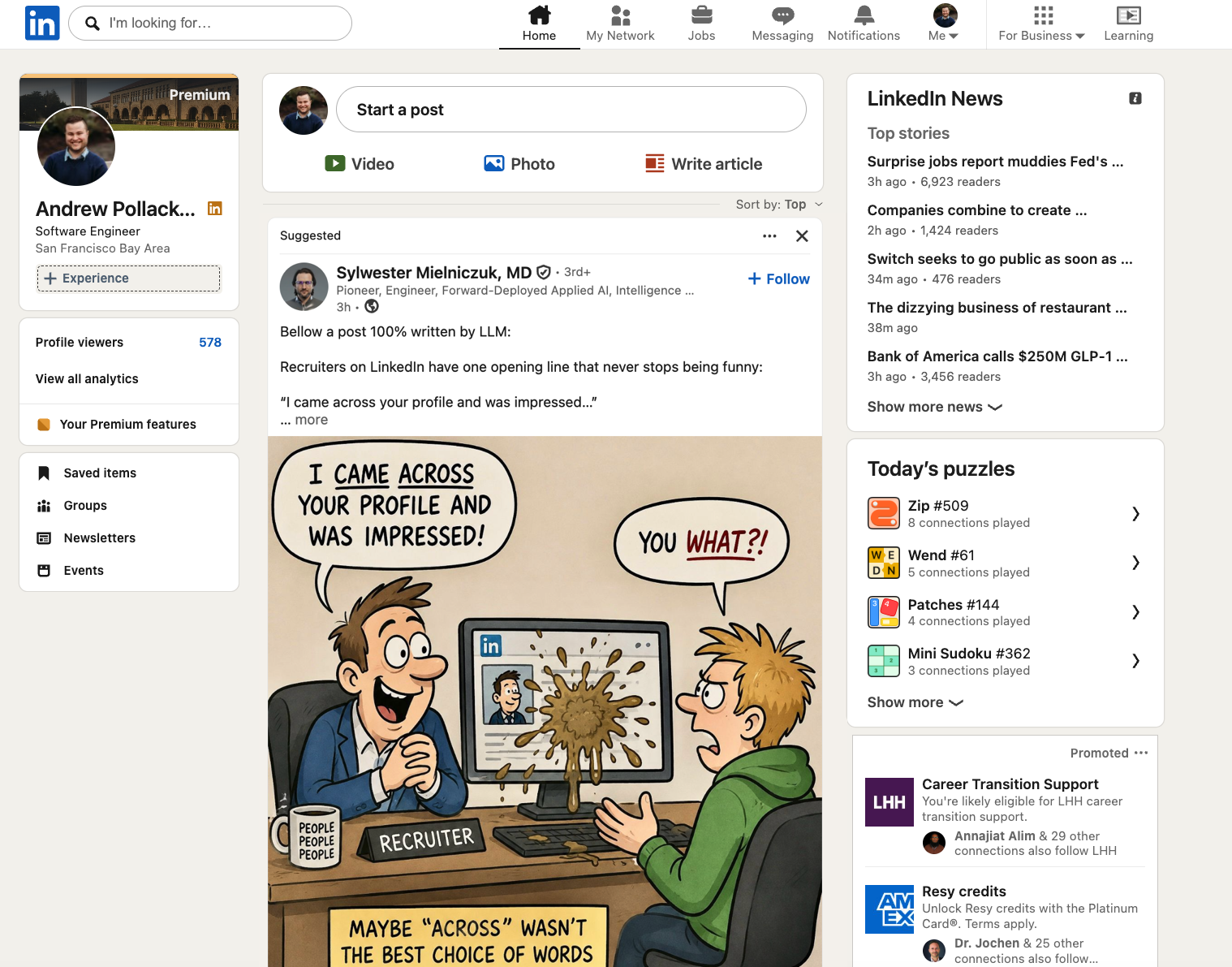 LinkedIn feed suggested post, containing an AI comic of a recruiter splooging with the phrasing 'came across your profile'