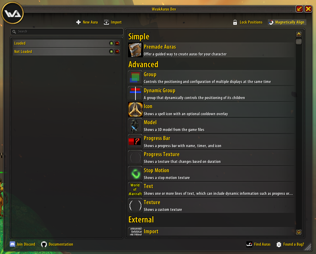 The WeakAuras new aura dialog showing template options including Simple, Group, Dynamic Group, Button, and Progress Bar